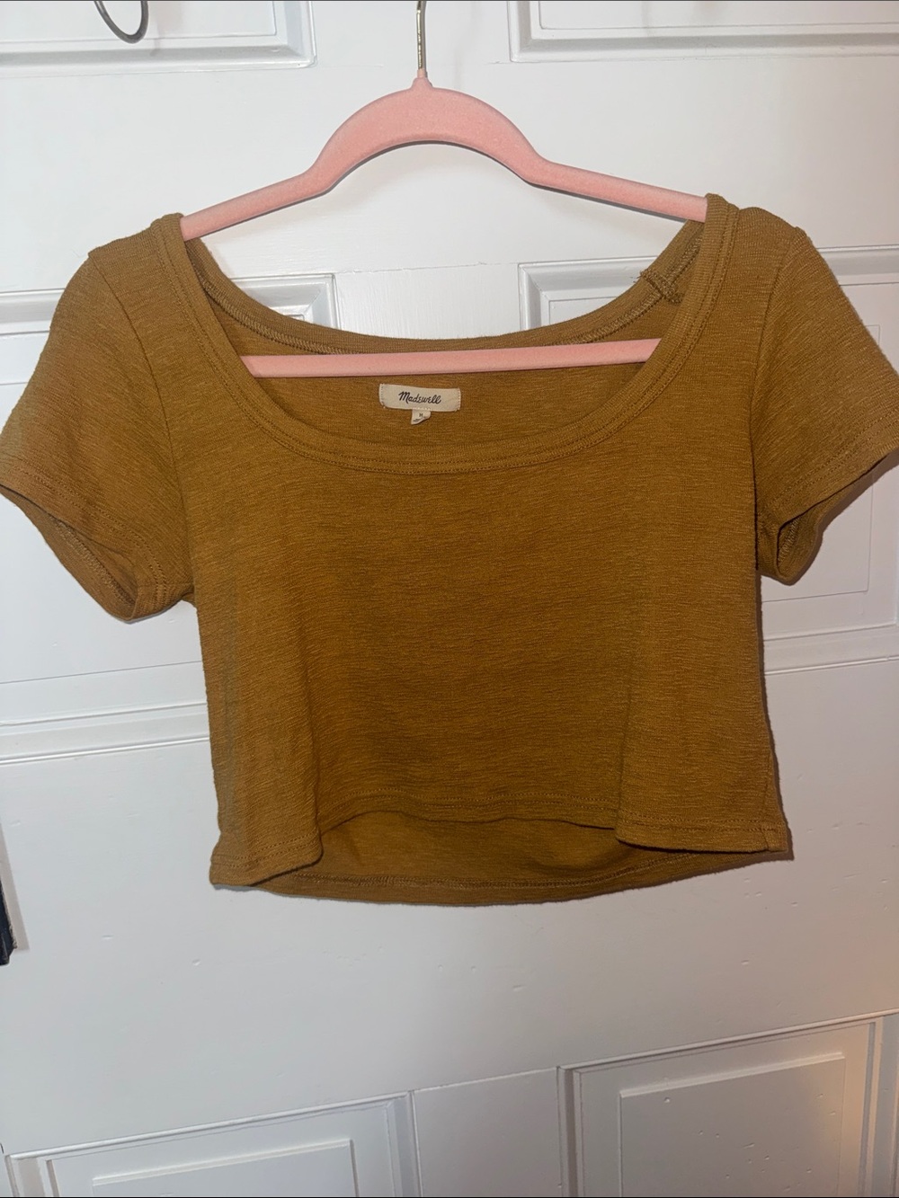 Madewell Short-Sleeve Cropped Scoop Top in Mustard Brown
